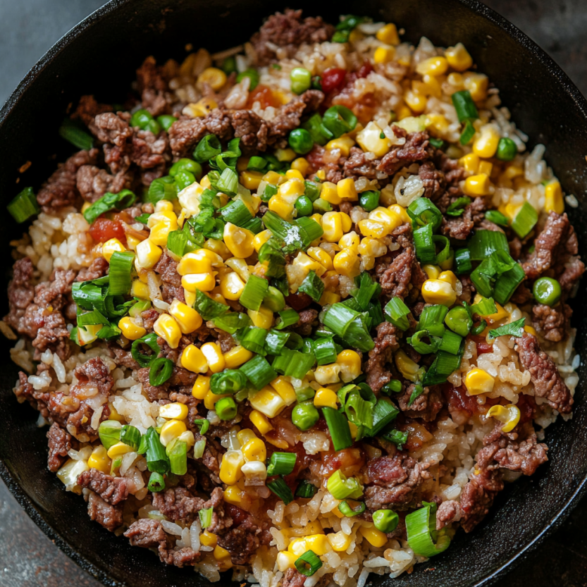 A bowl of rice with meat and vegetables.