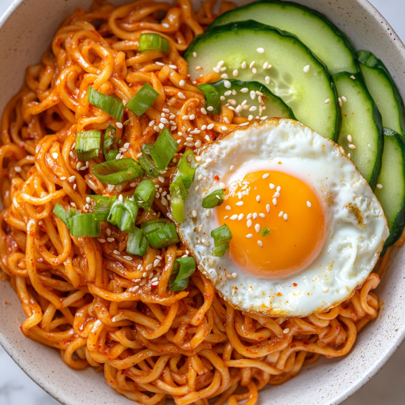 A bowl of spicy peanut butter noodles with a fried egg on top.