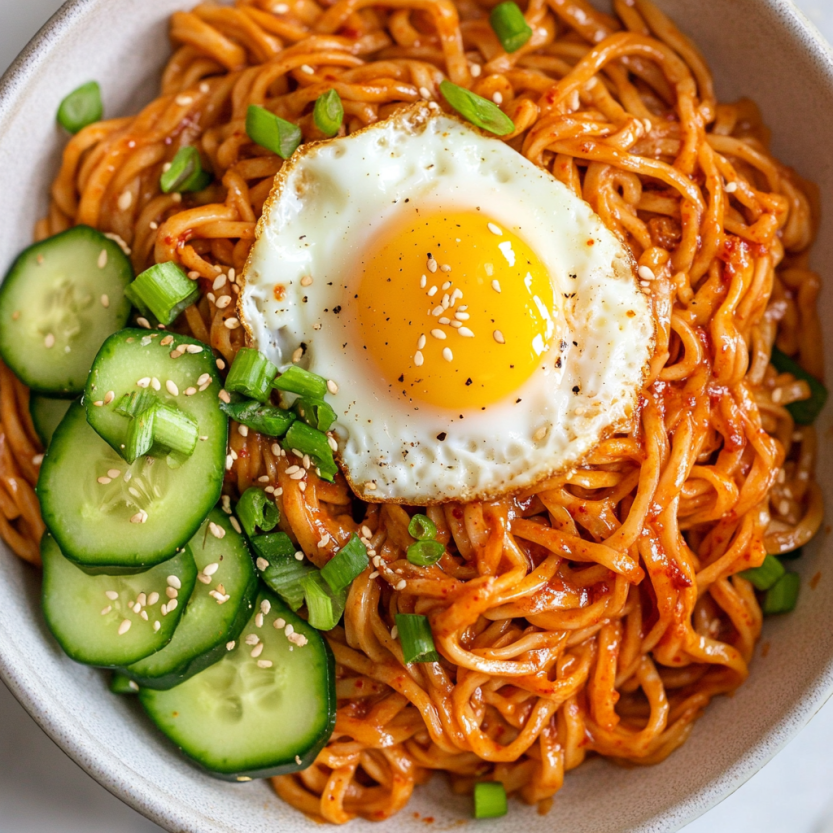 A bowl of spicy peanut butter noodles with a fried egg on top.