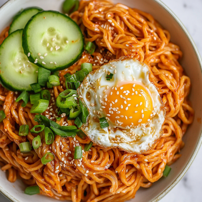 A bowl of spicy peanut butter noodles with a fried egg on top.