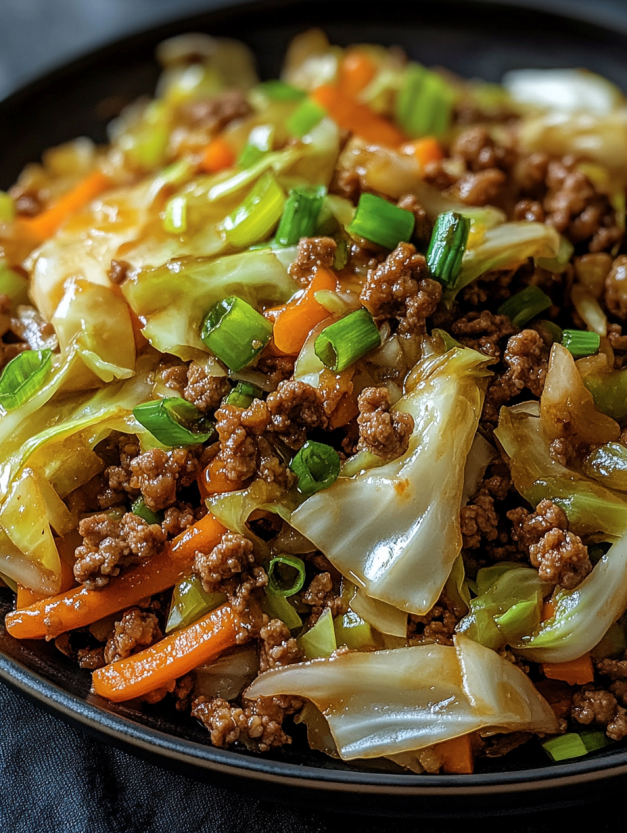 A plate of Chinese food with ground beef and cabbage.