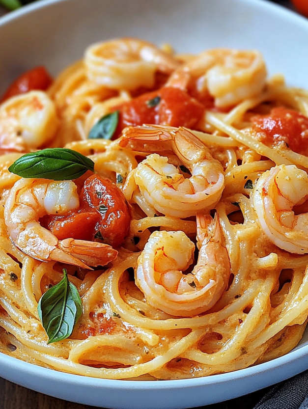 A bowl of spaghetti with shrimp in cream cheese sauce.