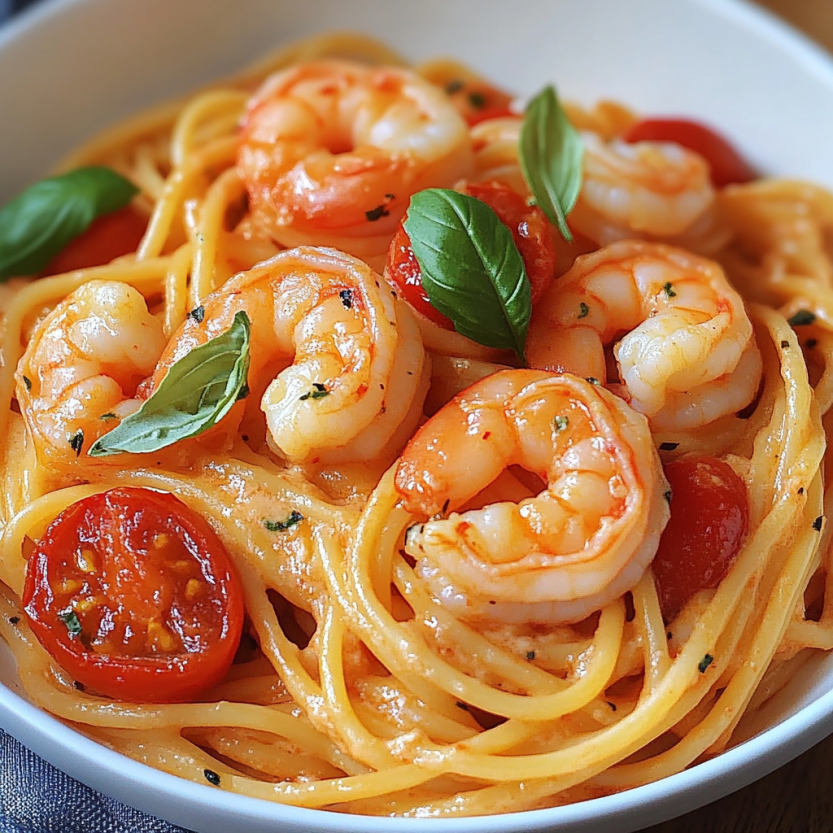 A bowl of spaghetti with shrimp in cream cheese sauce.