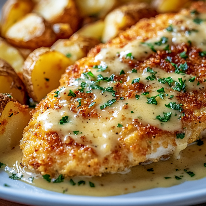 A plate of Parmesan crusted chicken garlic.
