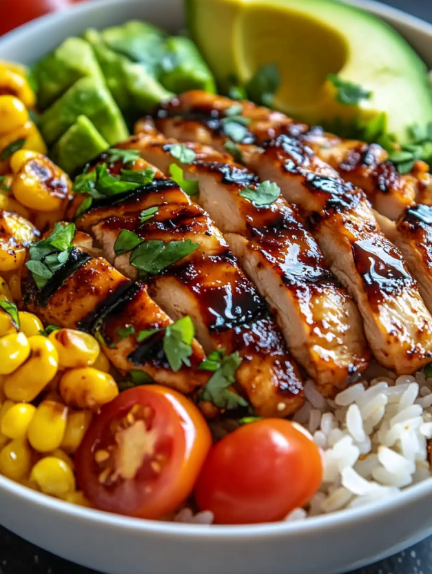 A bowl of food with rice, tomatoes, avocado, corn, and chicken.
