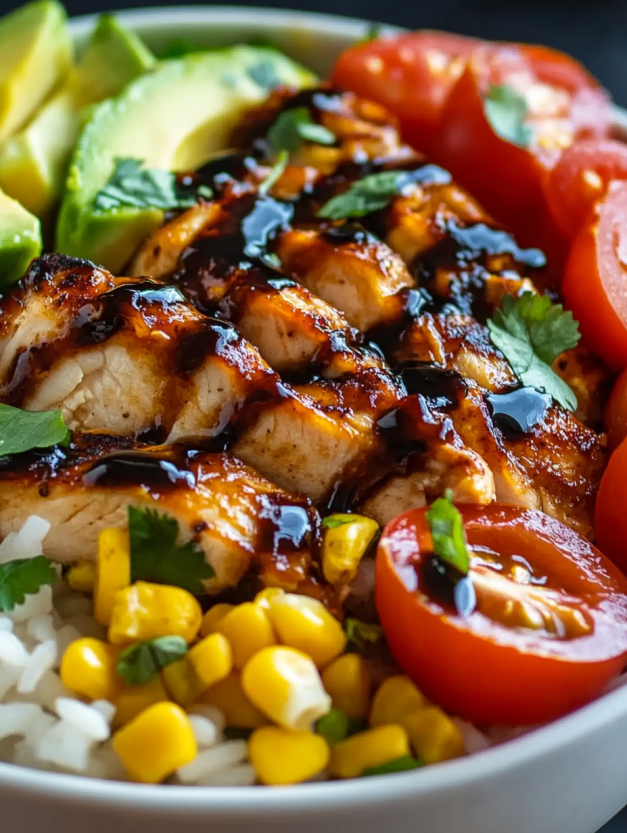 A rice bowl with chicken, tomatoes, corn, and avocado.