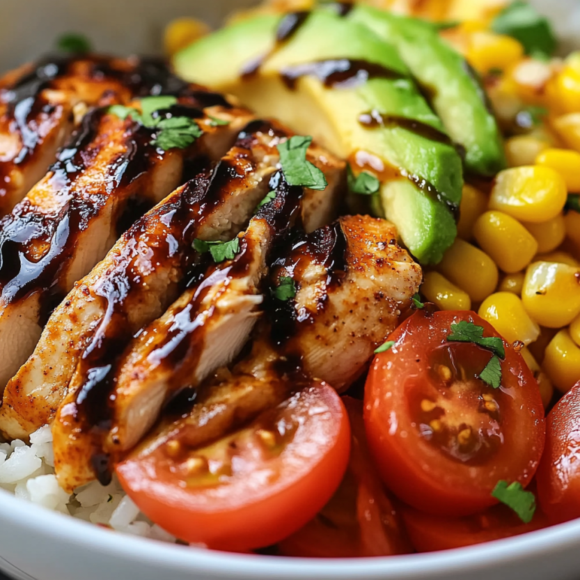 A bowl of food with chicken, tomatoes, avocado, and rice.