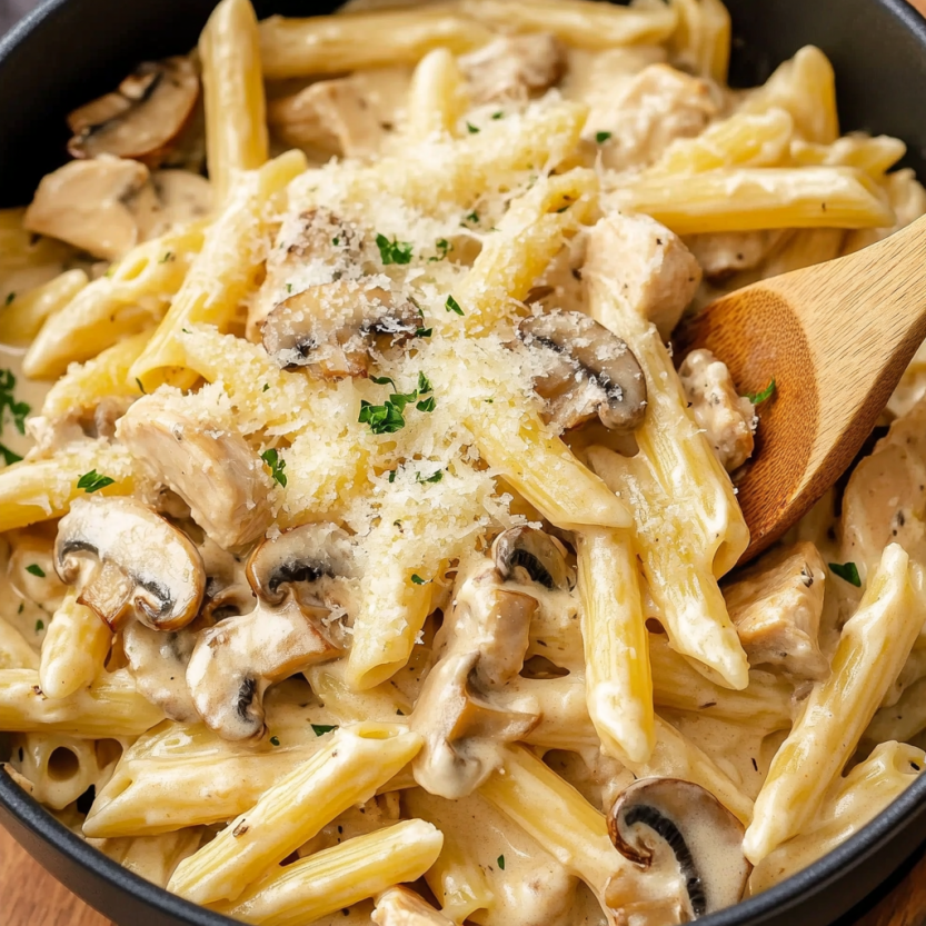 A bowl of creamy mushroom chicken pasta.