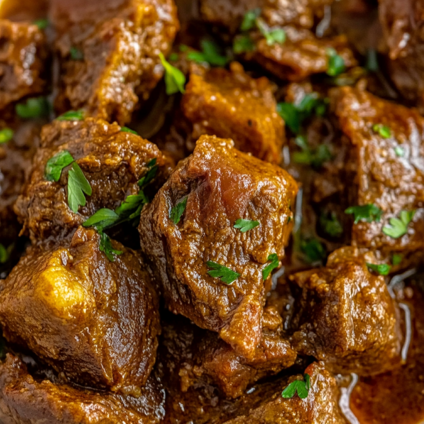 A close up of beef tips in a slow cooker.