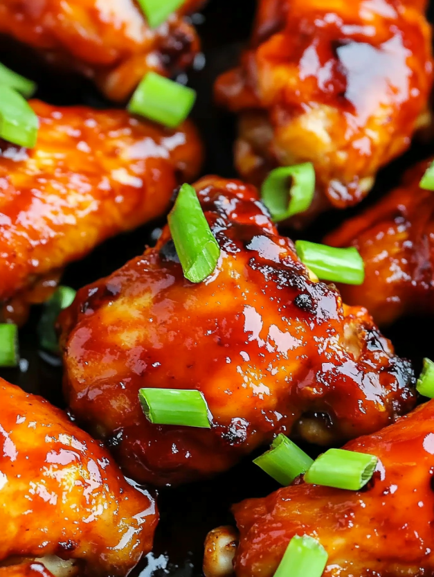Chicken wings with sauce and green onions.