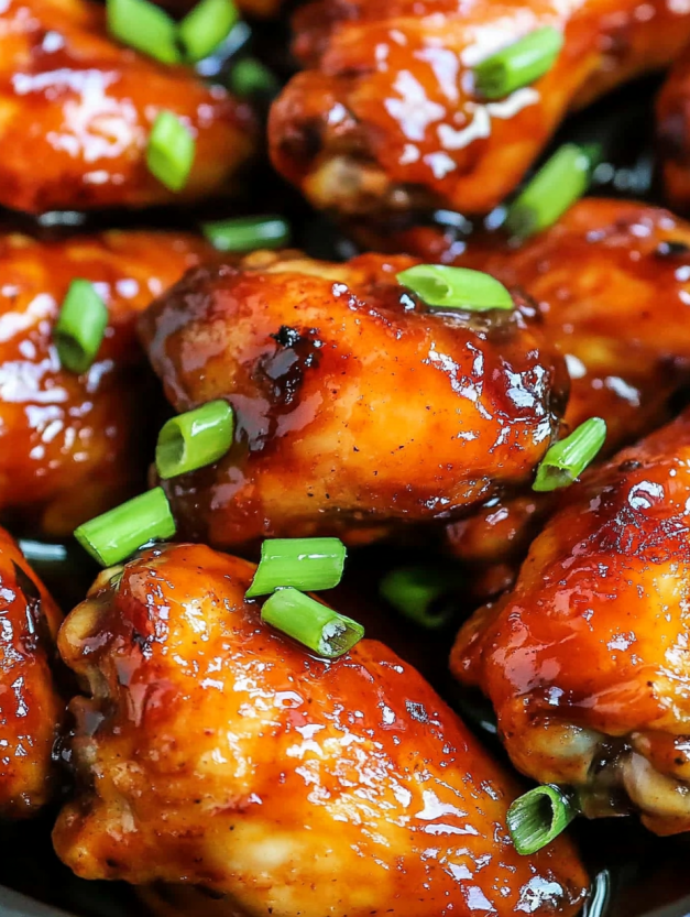 Chicken wings with sauce and green onions.