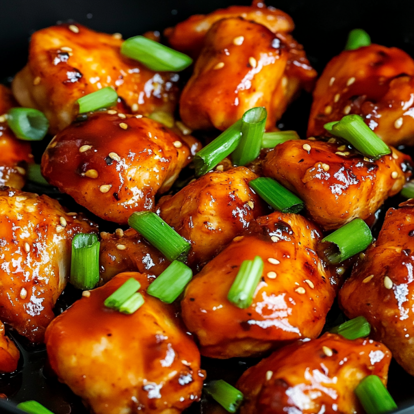 A plate of chicken with green onions on top.