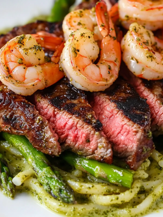 A plate of food with shrimp and steak.