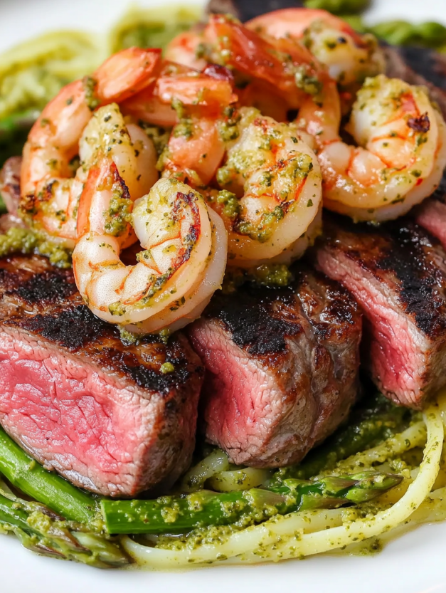 A plate of steak and shrimp pesto linguini.