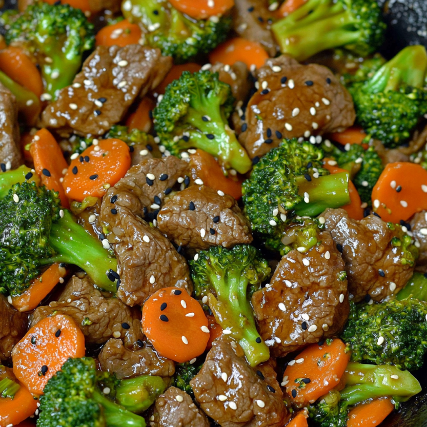 A dish of beef and broccoli with carrots.