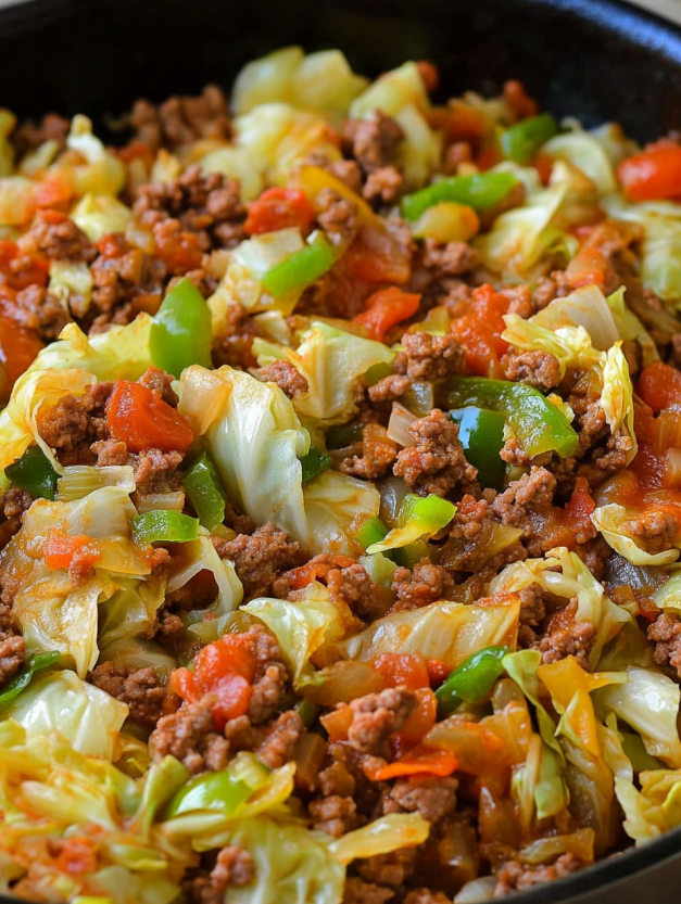 A close up of a delicious cheesy ground beef and cabbage skillet.