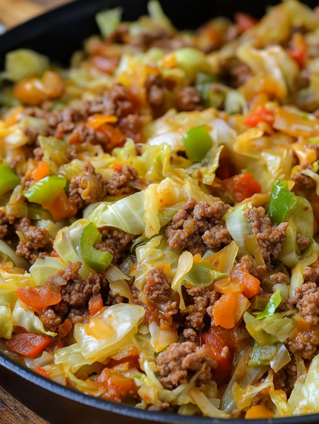 A delicious cheesy ground beef and cabbage skillet.
