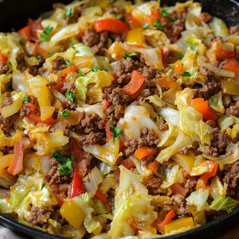 A skillet filled with ground beef and cabbage.