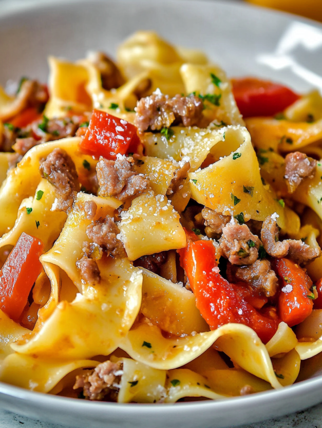 A plate of Italian drunken noodles.