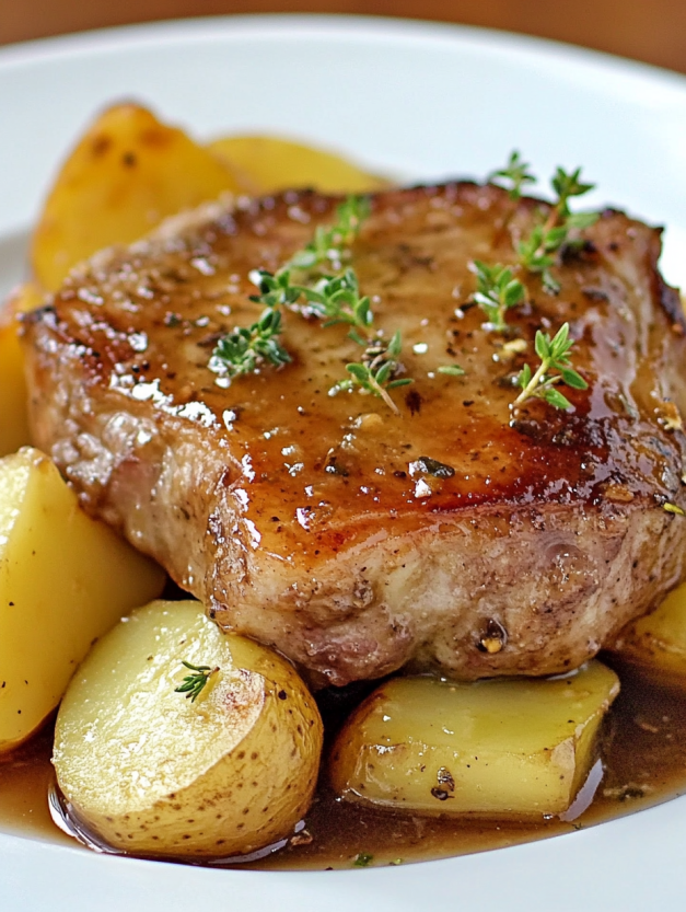 A pork chop with potatoes and herbs.