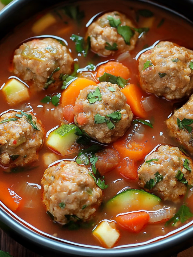 A bowl of Mexican meatball soup with meatballs and vegetables.