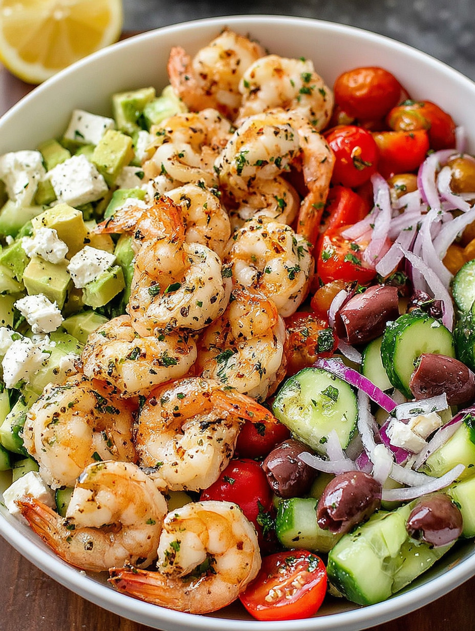 A bowl of Mediterranean Shrimp Avocado Salad.