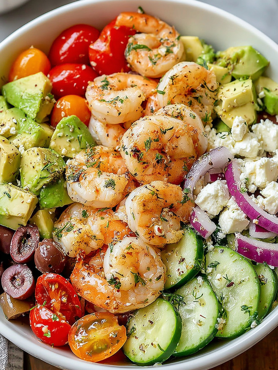A colorful salad with shrimp, avocado, tomatoes, cucumbers, and onions.