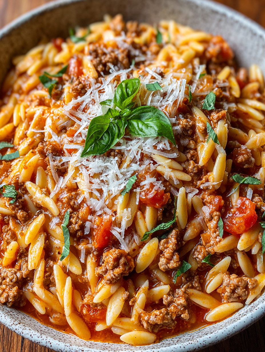 A bowl of pasta with ground turkey and cheese.