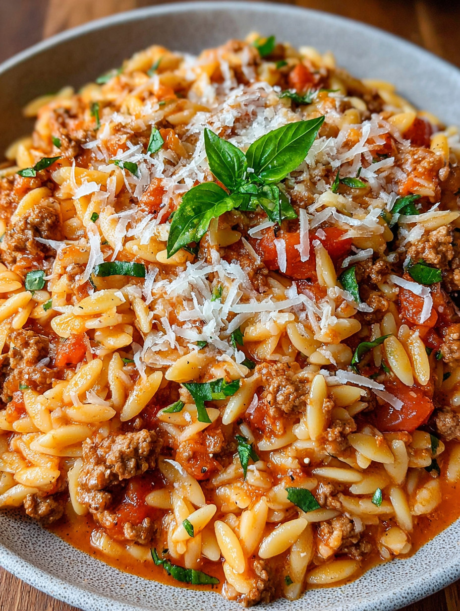 A bowl of ground turkey orzo dinner.