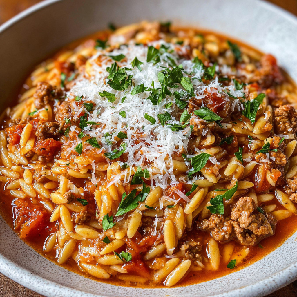 A bowl of ground turkey orzo dinner.