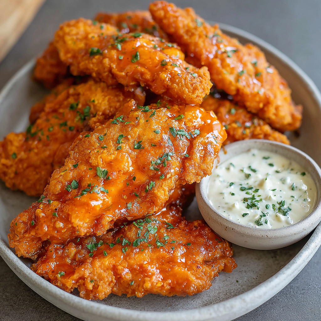 A plate of crispy buffalo chicken tenders.