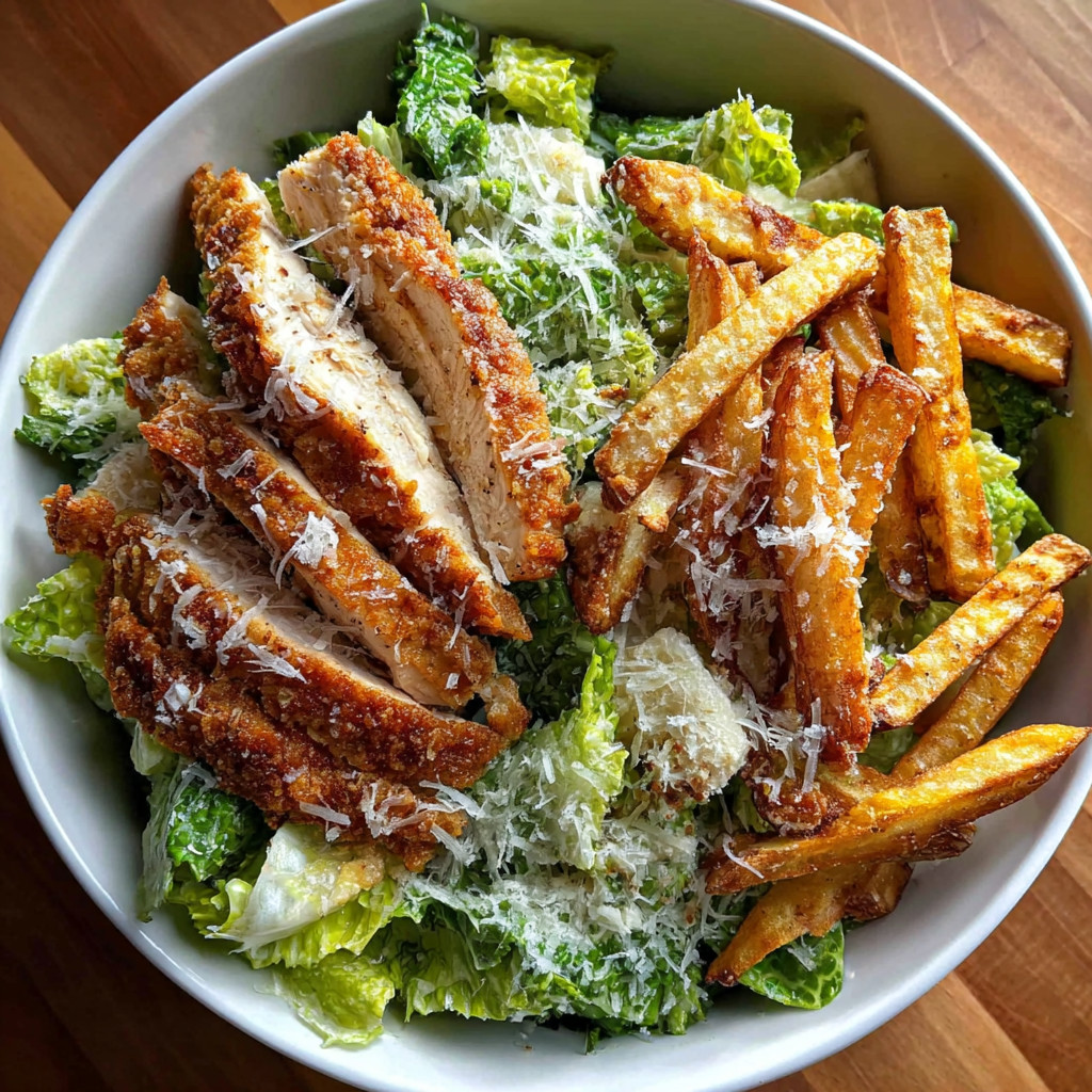 A bowl of chicken Caesar salad with crispy fries.