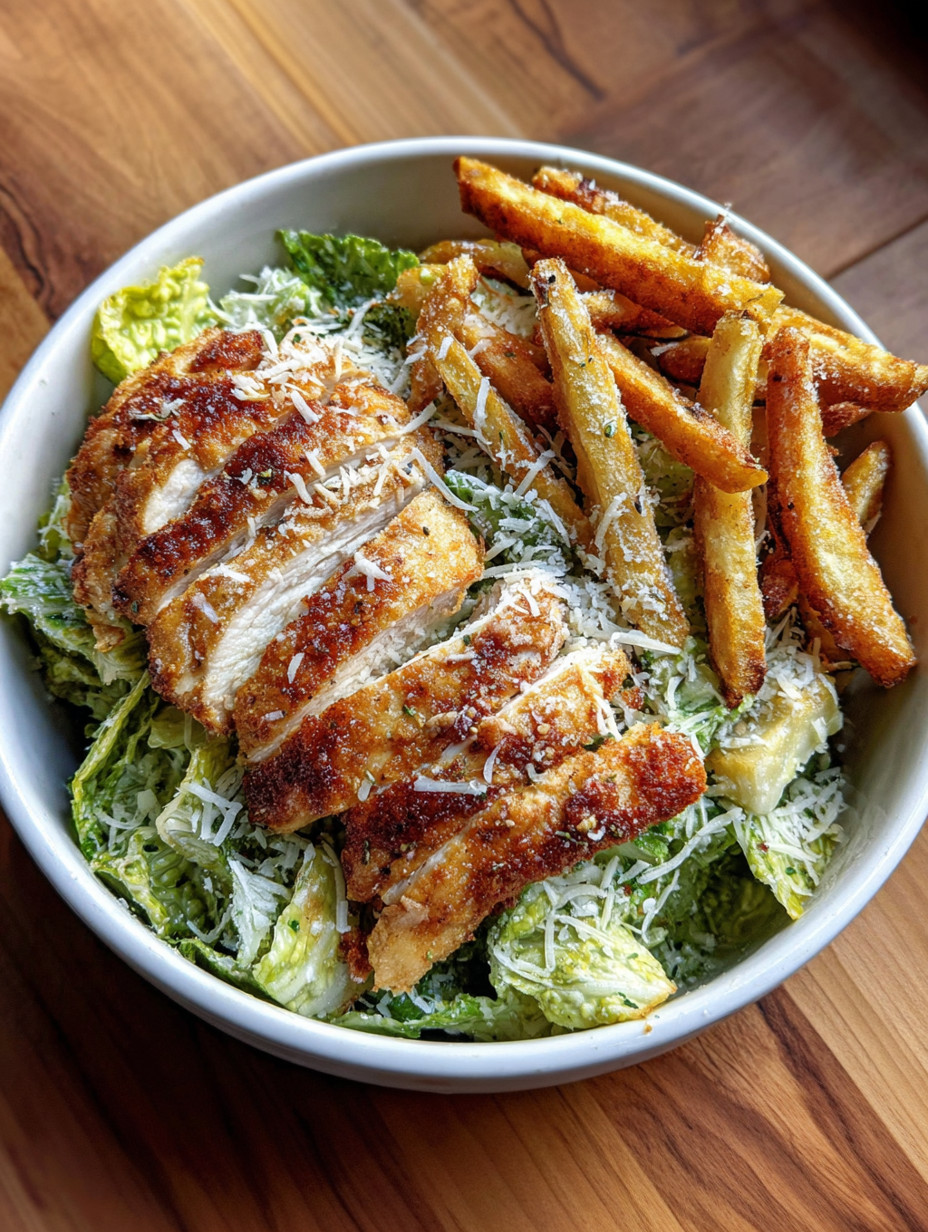 A bowl of chicken Caesar salad with crispy fries.