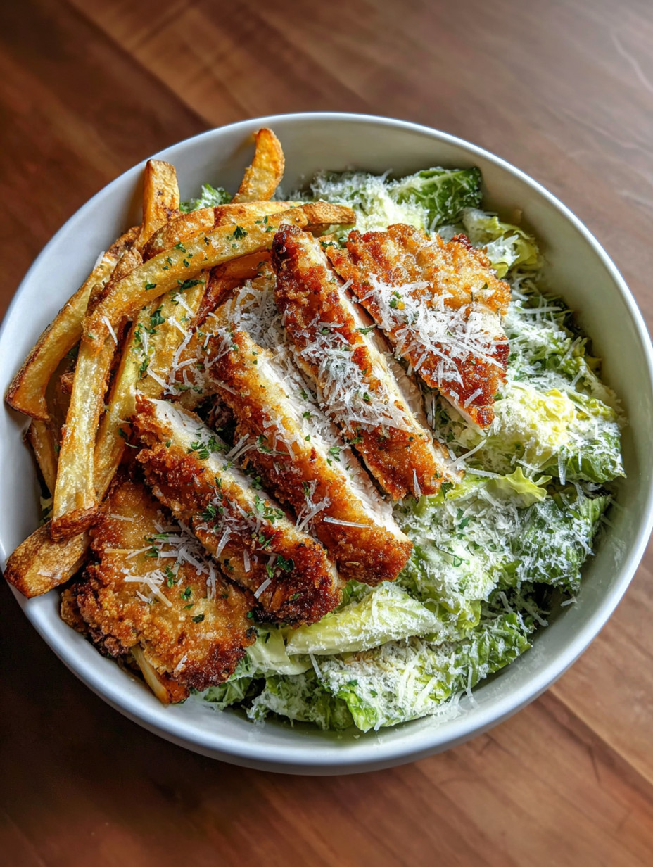 A bowl of chicken Caesar salad with crispy fries.