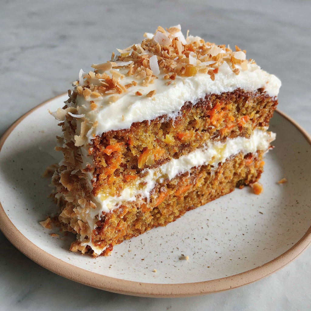 A slice of carrot cake with cream cheese frosting.