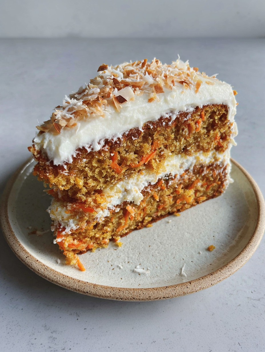 A slice of carrot cake with cream cheese frosting.