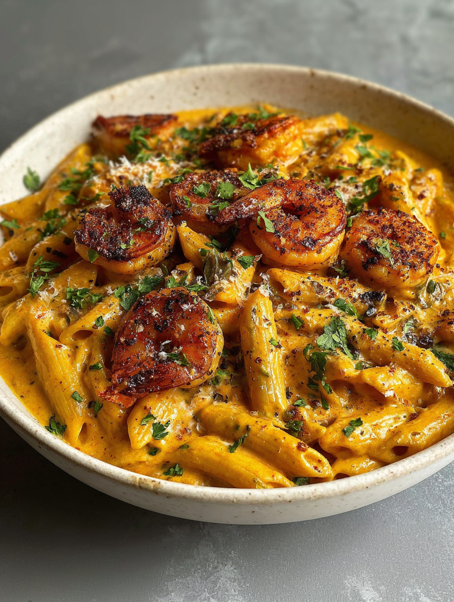 A bowl of pasta with shrimp and cheese.