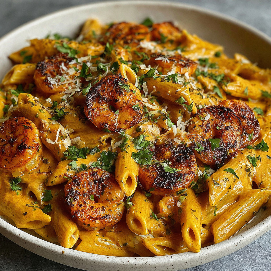 A bowl of pasta with shrimp and cheese.
