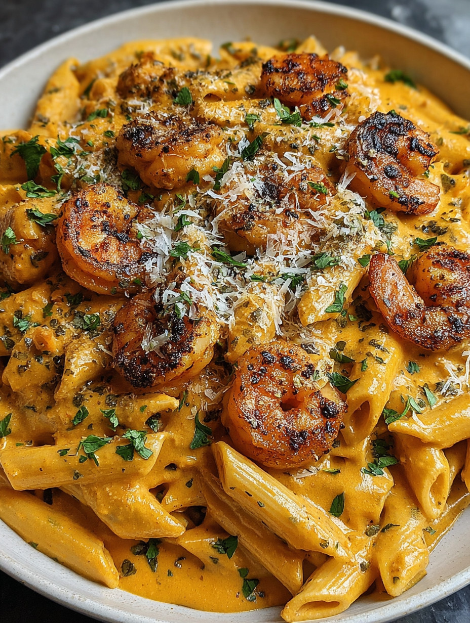 A plate of pasta with shrimp and cheese.