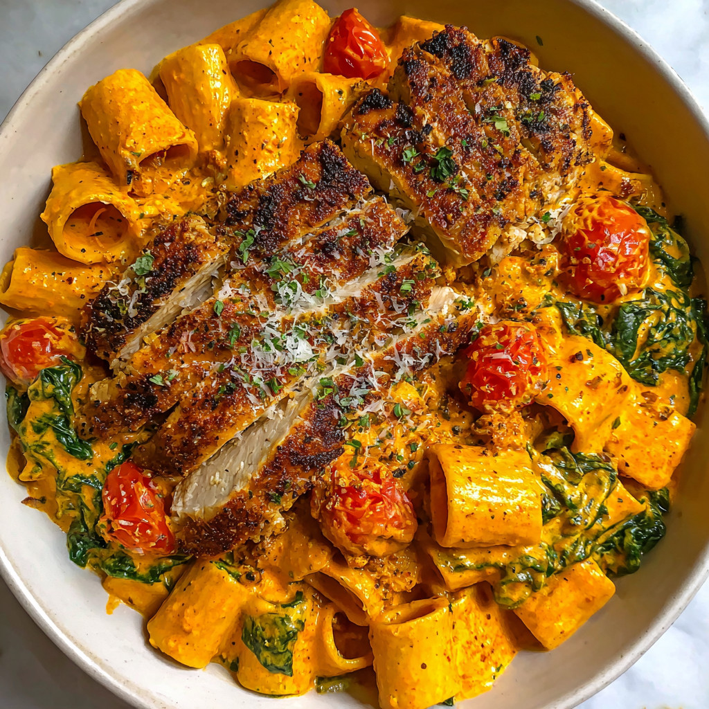 A bowl of creamy tuscan chicken pasta.