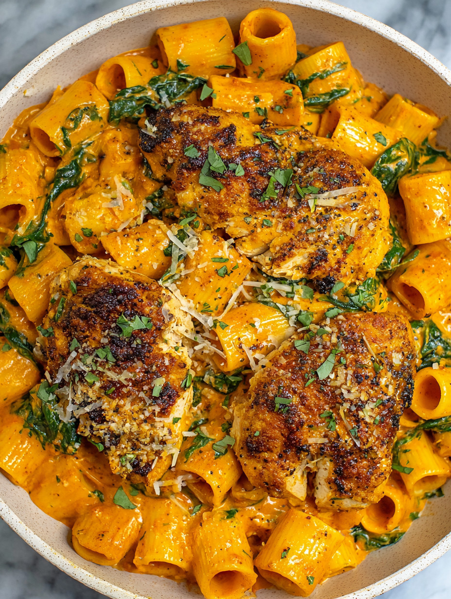 A bowl of creamy Tuscan chicken pasta.