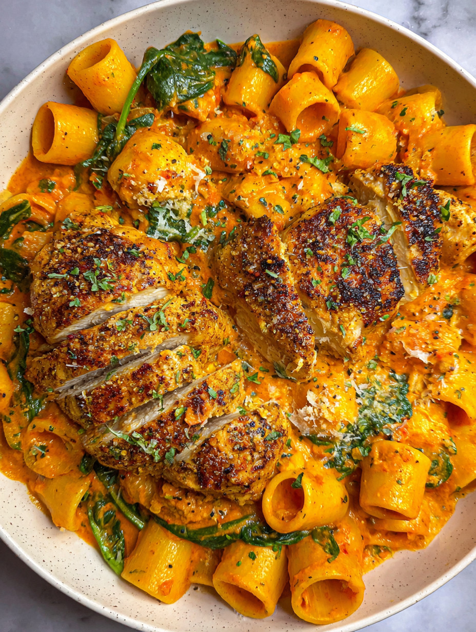 A plate of food with chicken and pasta.