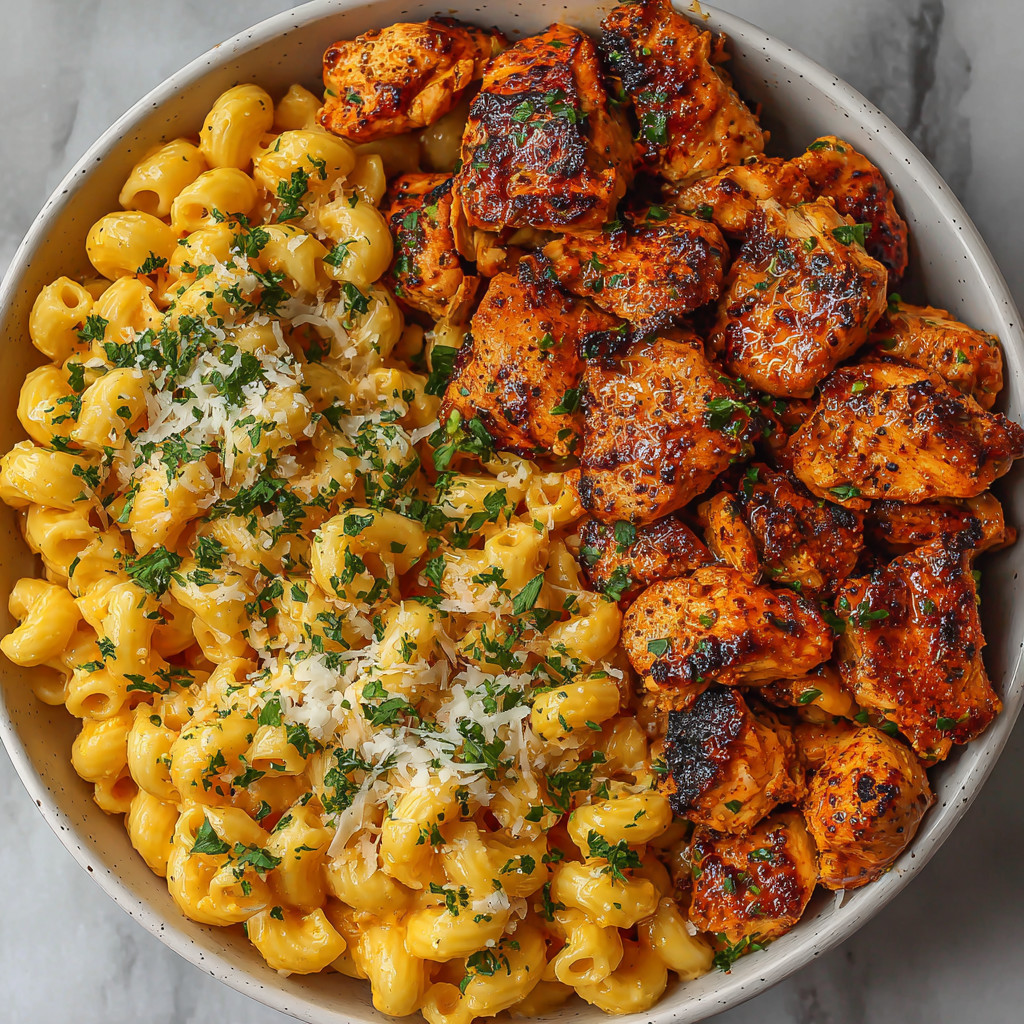 A bowl of food with mac and cheese and chicken.