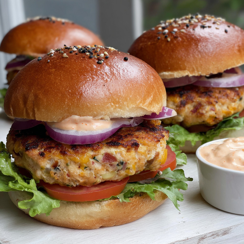 Two BLT Baked Chicken Burgers with tomato and onion.
