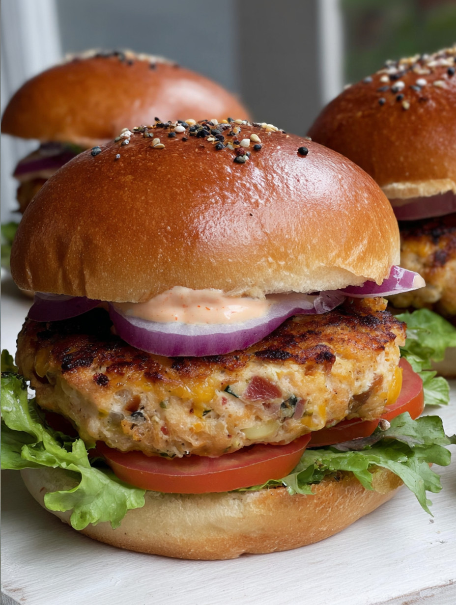 A BLT Baked Chicken Burger with lettuce, tomato, and onion.