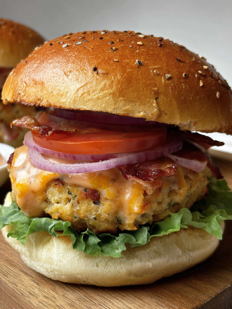 A BLT Baked Chicken Burger with bacon, lettuce, and tomato.