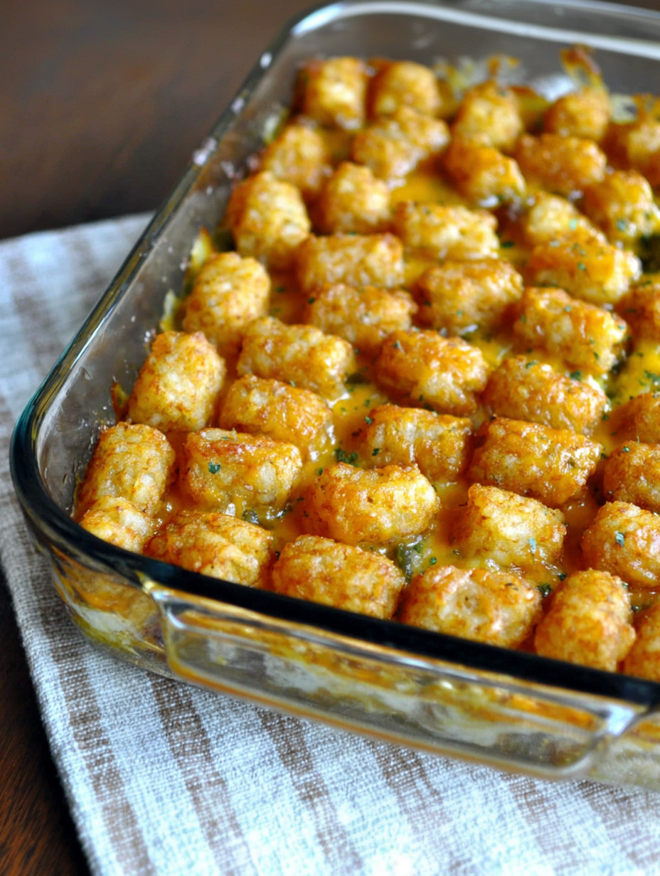 A dish of tater tots with cheese and sauce.