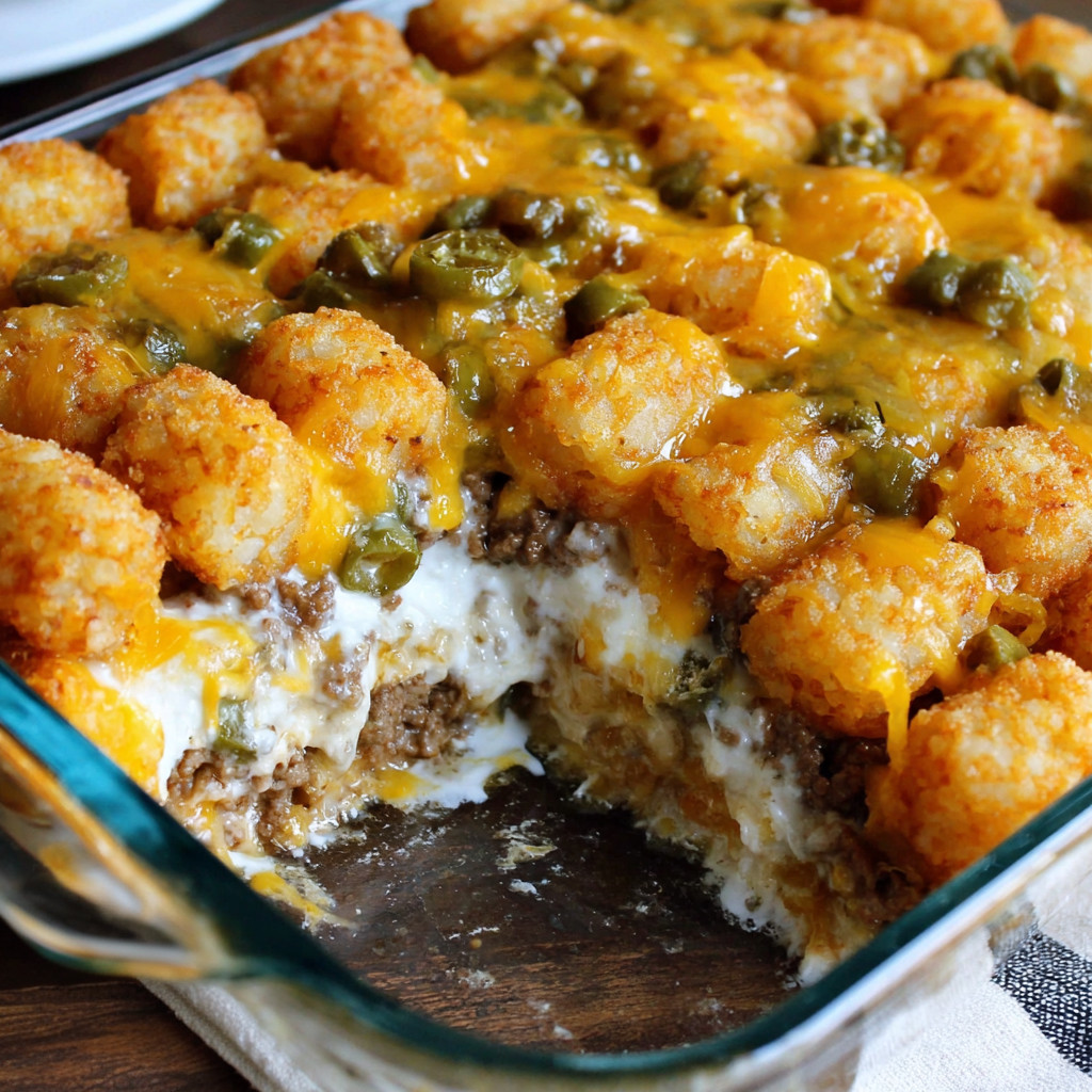 A tater tot casserole in a pan.