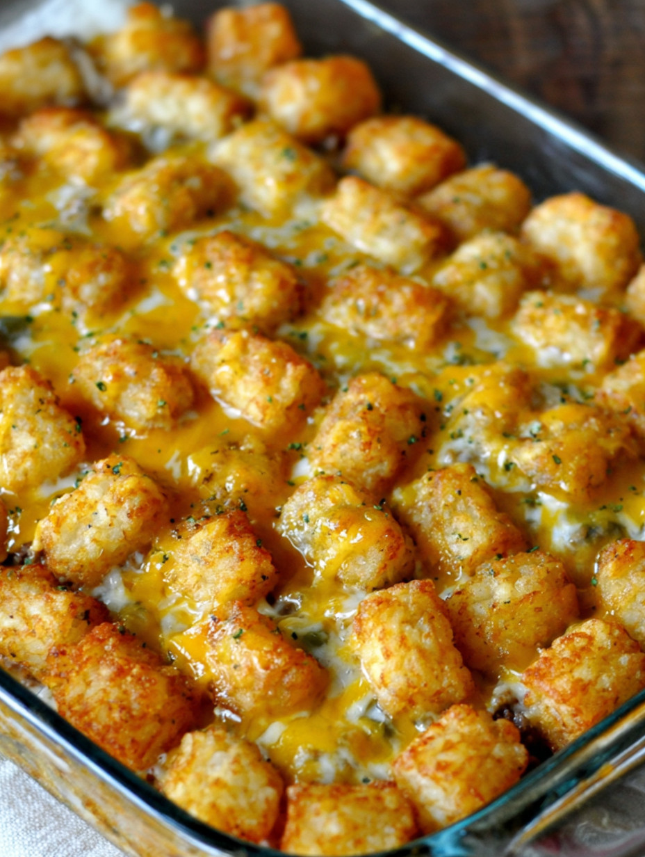 A delicious tater tot casserole with cheese and butter.