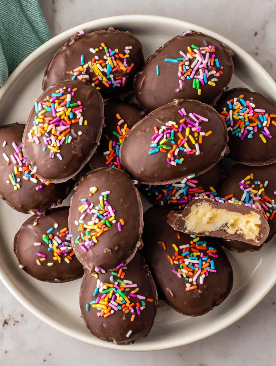 A plate of chocolate covered dairy free easter eggs.